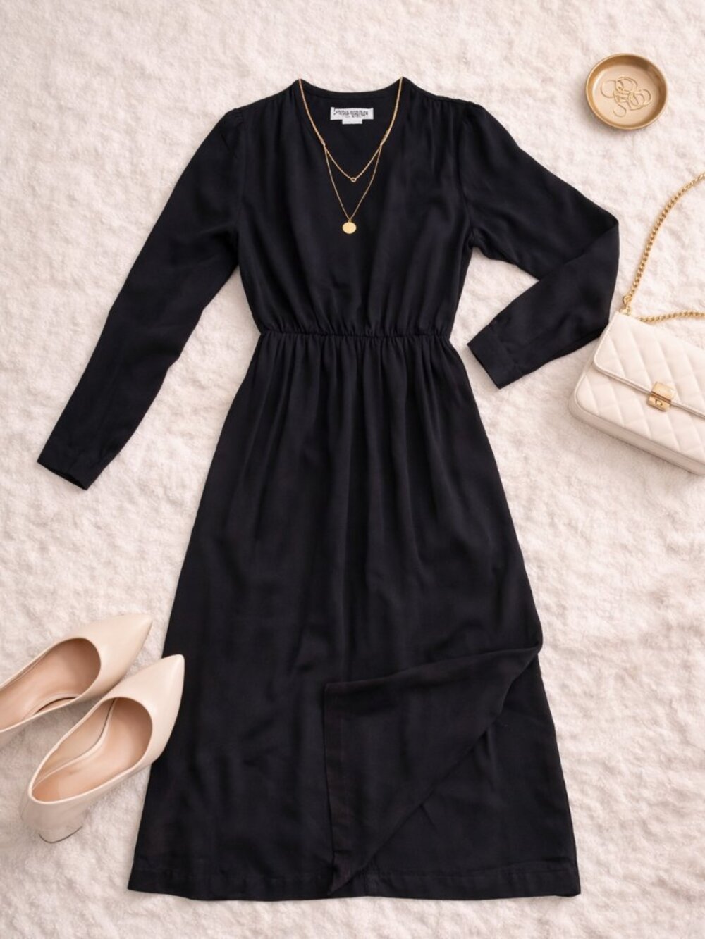 Vintage Colours Dress Black Long Sleeve Minimalist Midi Dress Size 7